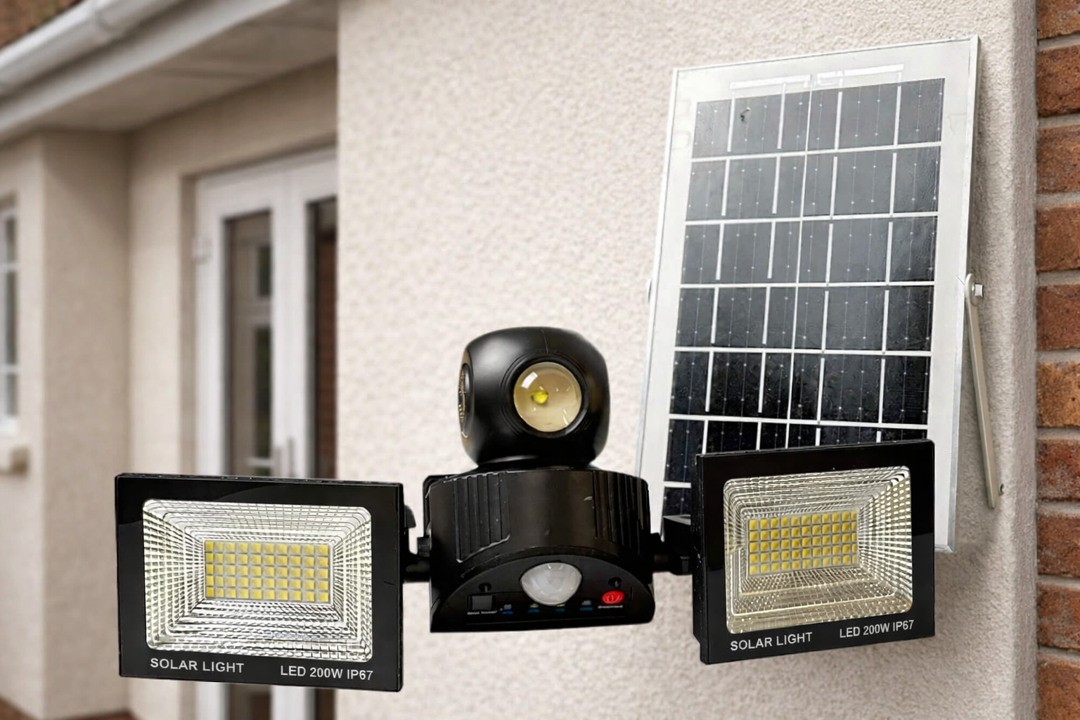Proiector Solar LED Dublu 200W cu Senzor de Mișcare, Telecomandă și Protecție IP67 – Iluminare Puternică pentru Curte, Grădină și Exterior