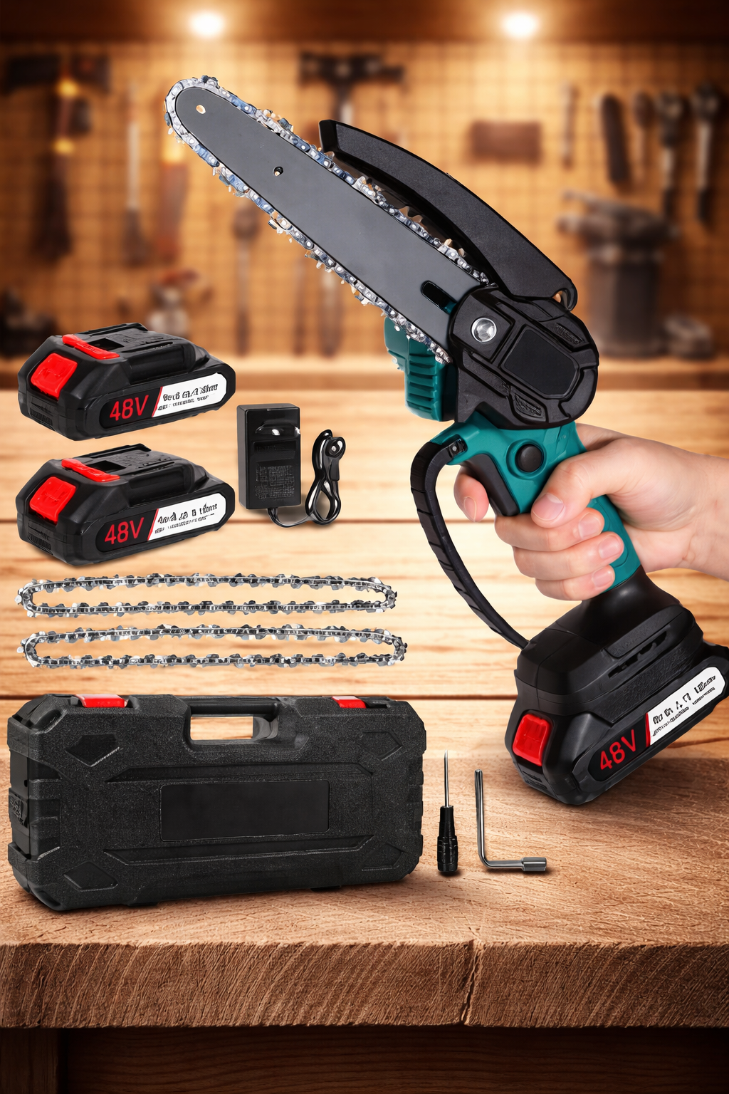 Mini Drujbă Electrică 6” cu 2 Acumulatori 48V – Puternică, Compactă, 2 Lanțuri CADOU