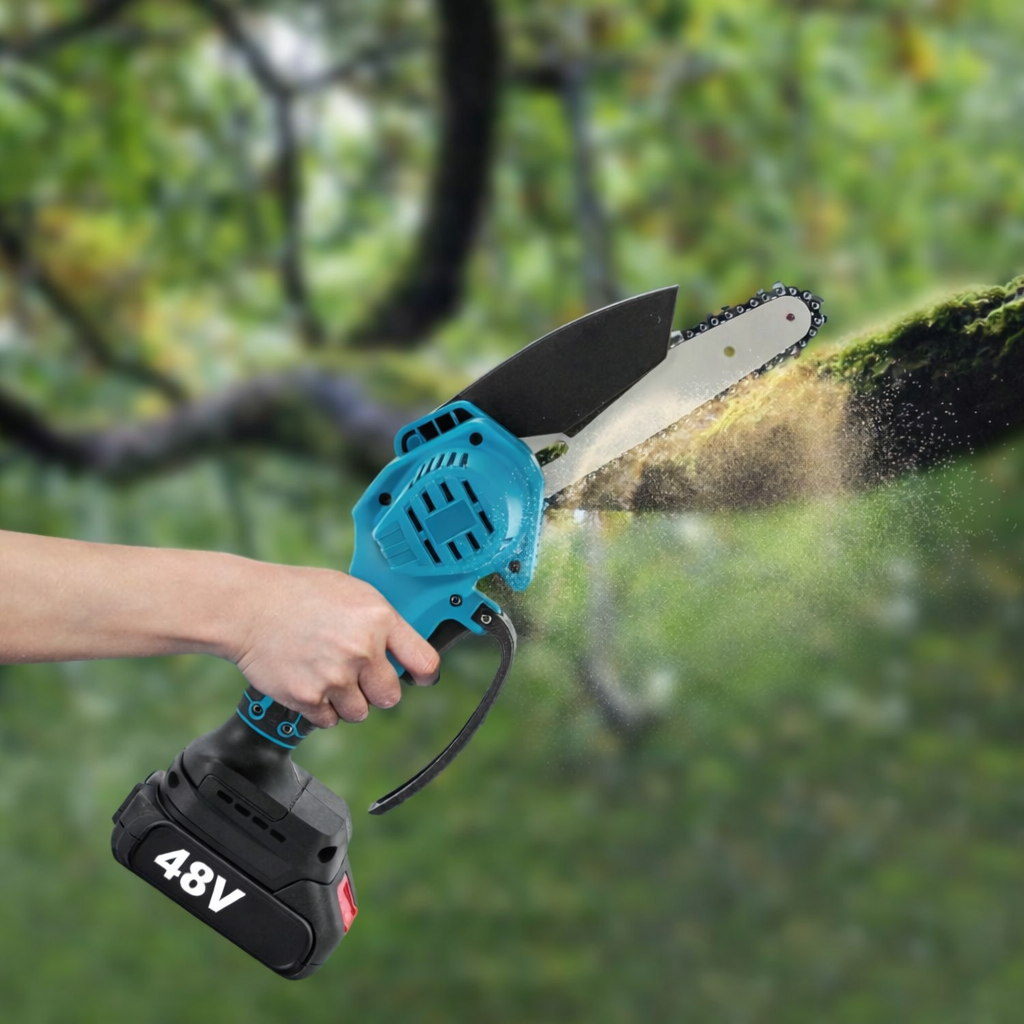 Mini Drujbă Electrică 6” cu 2 Acumulatori 48V – Puternică, Compactă, 2 Lanțuri CADOU